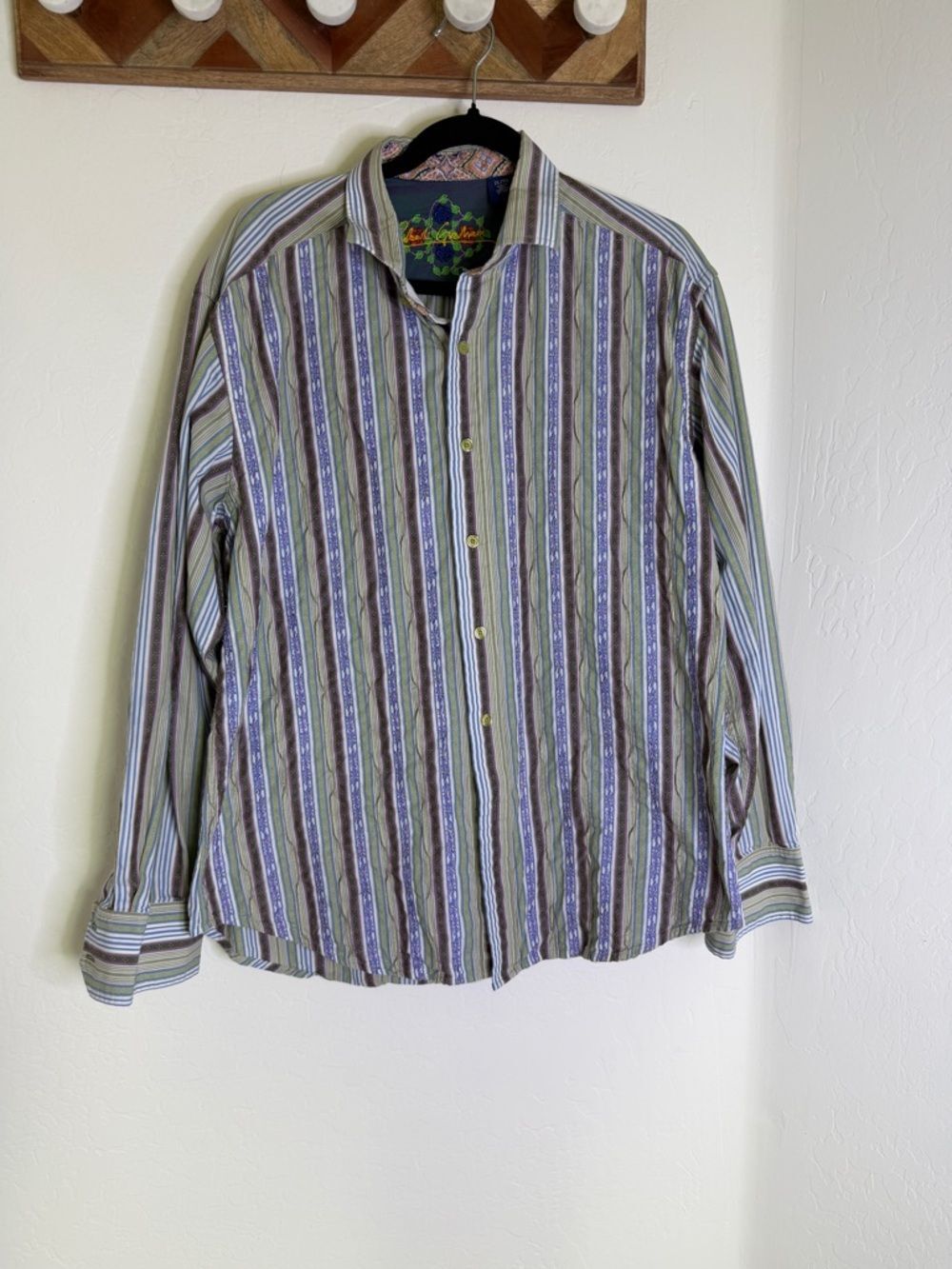 Robert Graham Men’s Green & Purple Striped Button-Up Shirt XL